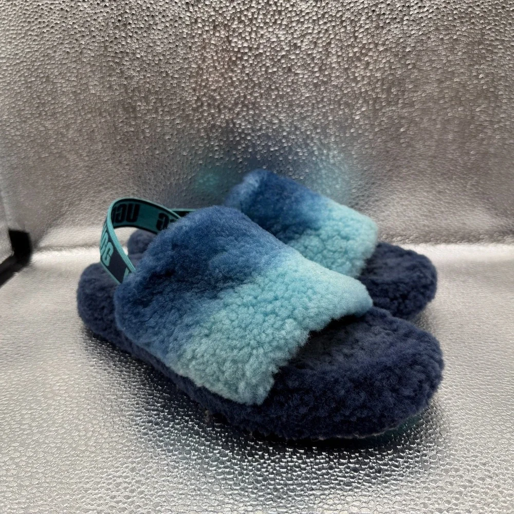 Size 6 UGG Fluff Yeah Slide Gradient Blue Kids Slingback Fuzzy Slipper 1120772K